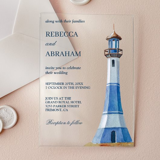 Rustic Blue Watercolor Lighthouse Nautical Wedding アクリル招待状