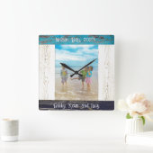 Rustic Blue White Beach Wood Photo Frame スクエア壁時計 (ホーム)