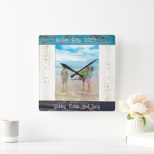 Rustic Blue White Beach Wood Photo Frame スクエア壁時計 (ホーム)