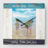 Rustic Blue White Beach Wood Photo Frame スクエア壁時計 (正面)