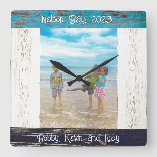 Rustic Blue White Beach Wood Photo Frame スクエア壁時計 (正面)