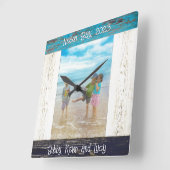 Rustic Blue White Beach Wood Photo Frame スクエア壁時計 (傾斜)