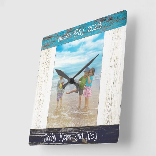 Rustic Blue White Beach Wood Photo Frame スクエア壁時計 (傾斜)