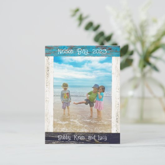 Rustic Blue White Beach Wood Photo Frame ポストカード (スタンド正面)