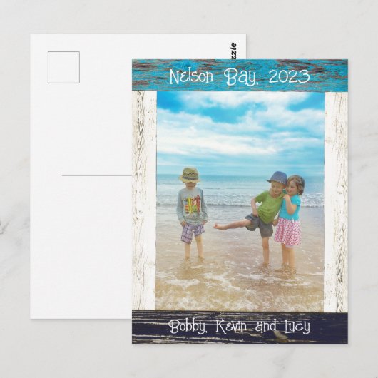 Rustic Blue White Beach Wood Photo Frame ポストカード (正面/裏面)