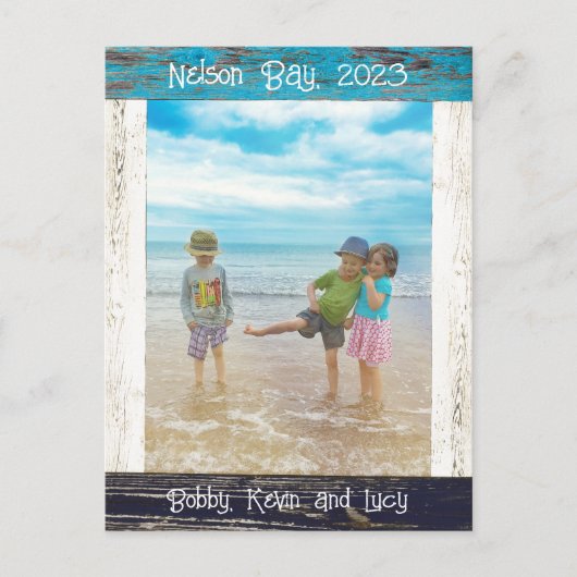 Rustic Blue White Beach Wood Photo Frame ポストカード (正面)