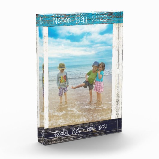 Rustic Blue White Beach Wood Text 5" x 7" Frame フォトブロック (左)