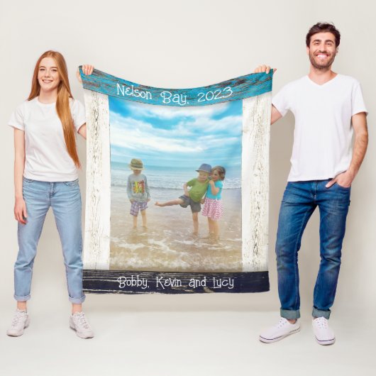 Rustic Blue White Beach Wood Text Photo Frame フリースブランケット (インサイチュ)