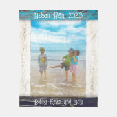 Rustic Blue White Beach Wood Text Photo Frame フリースブランケット (正面)