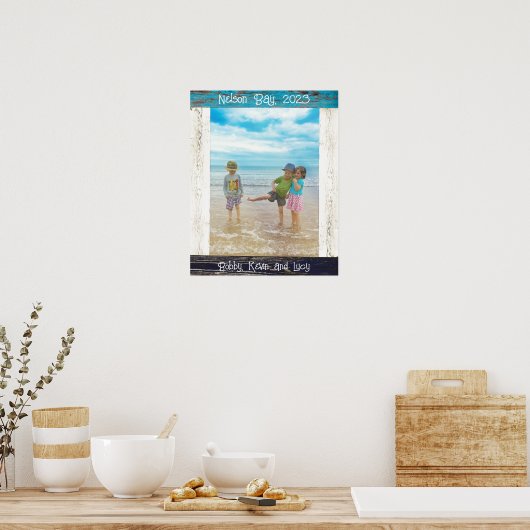 Rustic Blue White Beach Wood Text Photo Frame ポスター (キッチン)