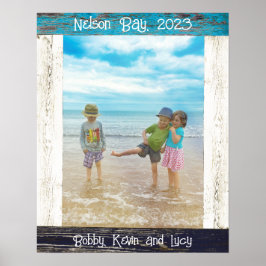 Rustic Blue White Beach Wood Text Photo Frame ポスター