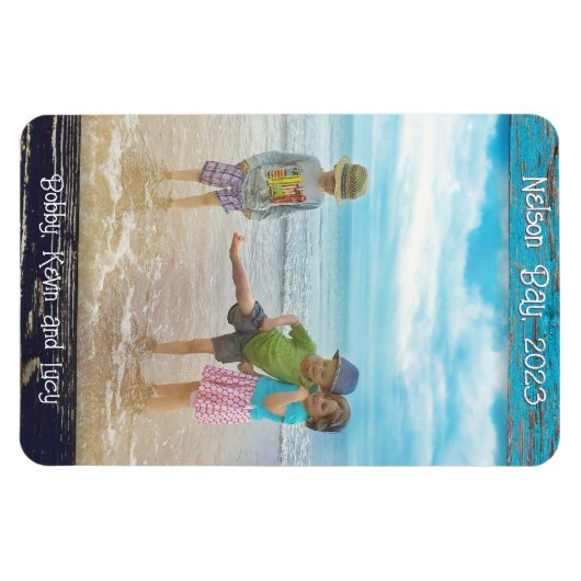 Rustic Blue White Beach Wood Text Photo Frame マグネット (横)