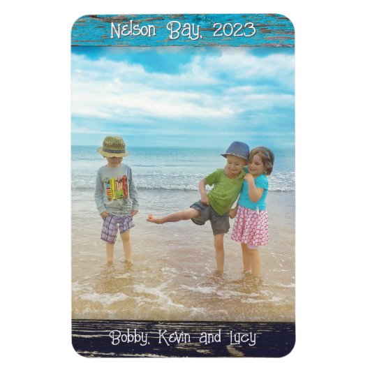 Rustic Blue White Beach Wood Text Photo Frame マグネット (縦)