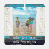 Rustic Blue White Beach Wood Text Photo Frame メタルオーナメント (裏面)