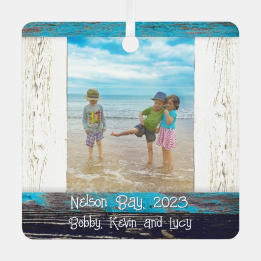 Rustic Blue White Beach Wood Text Photo Frame メタルオーナメント (正面)
