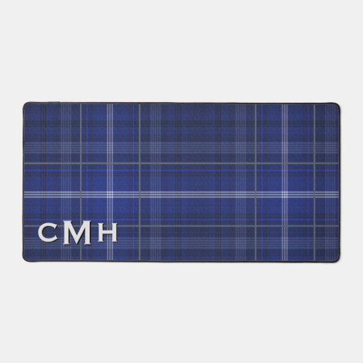 Rustic Blue White & Black Tartan Plaid Monogram デスクマット (正面)