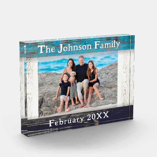 Rustic Blue Wood Frame Family Name  フォトブロック (左)