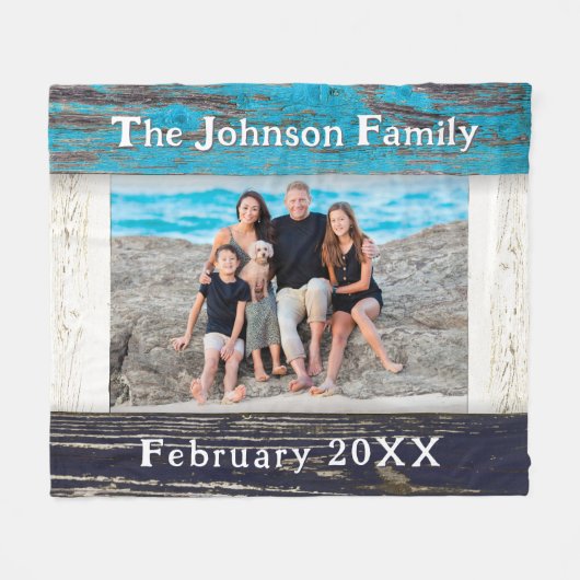 Rustic Blue Wood Frame Family Name  フリースブランケット (正面(横))