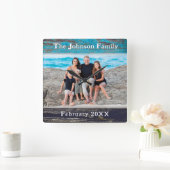 Rustic Blue Wood Frame Family Name Photo スクエア壁時計 (ホーム)