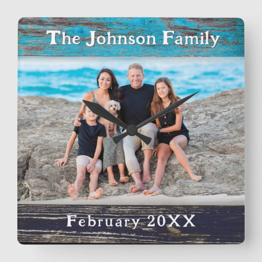 Rustic Blue Wood Frame Family Name Photo スクエア壁時計 (正面)