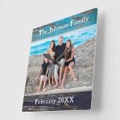 Rustic Blue Wood Frame Family Name Photo スクエア壁時計 (傾斜)