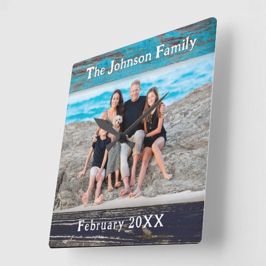 Rustic Blue Wood Frame Family Name Photo スクエア壁時計 (傾斜)