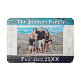 Rustic Blue Wood Frame Family Name Photo バスマット