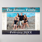 Rustic Blue Wood Frame Family Name Photo ポスター (正面)
