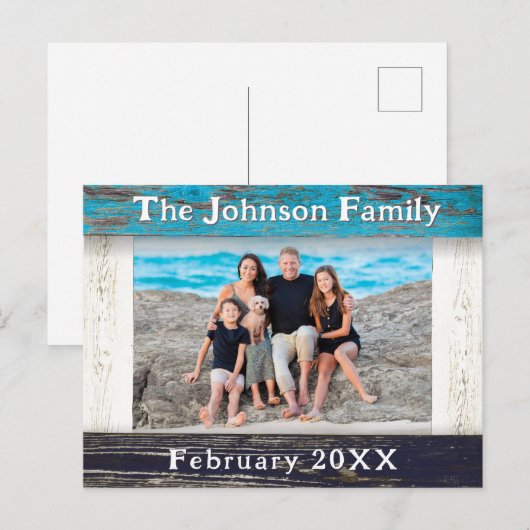 Rustic Blue Wood Frame Family Name Photo ポストカード (正面/裏面)