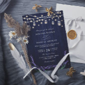 Rustic Blue Wood Lavender Elegant QR Code Wedding 招待状