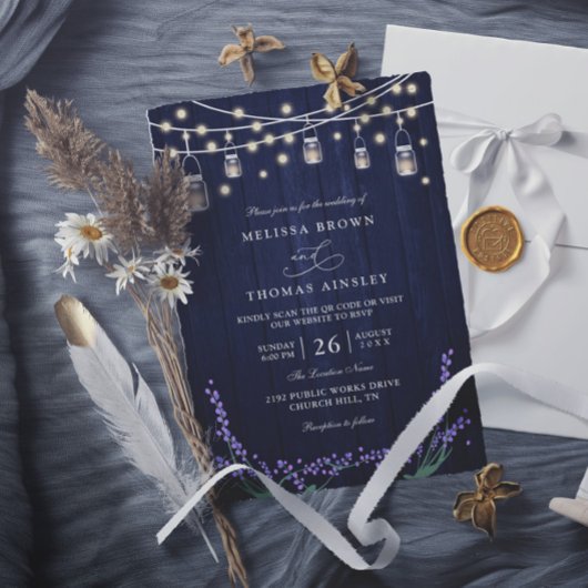 Rustic Blue Wood Lavender Elegant QR Code Wedding 招待状