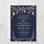 Rustic Blue Wood Lavender Elegant QR Code Wedding 招待状 (正面)