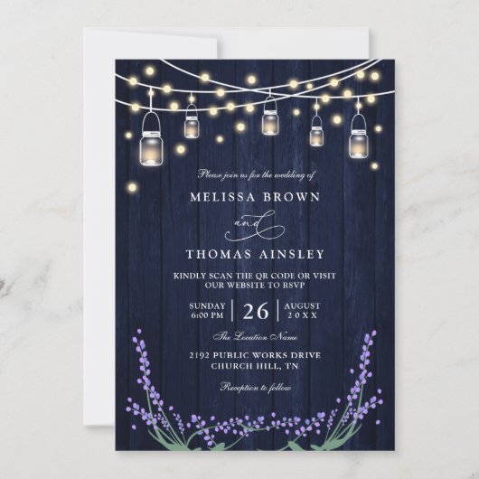 Rustic Blue Wood Lavender Elegant QR Code Wedding 招待状 (正面)