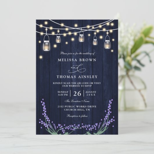 Rustic Blue Wood Lavender Elegant QR Code Wedding 招待状 (スタンド正面)