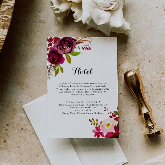 Rustic Blush Burgundy Floral Calligraphy Hotel エンクロージャーカード