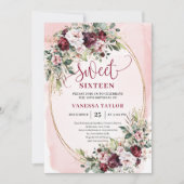 Rustic Blush Burgundy Gold Sweet Sixteen Invites 招待状 (正面)