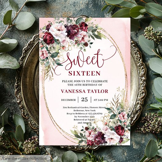 Rustic Blush Burgundy Gold Sweet Sixteen Invites 招待状