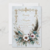 Rustic Blush Floral Feather Elegant Wedding 招待状 (正面)