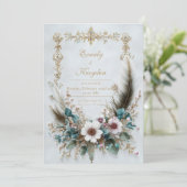 Rustic Blush Floral Feather Elegant Wedding 招待状 (スタンド正面)