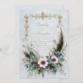 Rustic Blush Floral Feather Elegant Wedding 招待状 (正面/裏面)