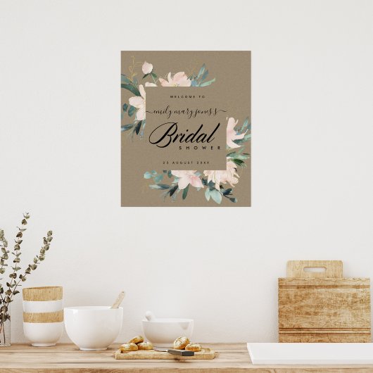 RUSTIC BLUSH FLORAL KRAFT BRIDAL SHOWER WELCOME ポスター (キッチン)