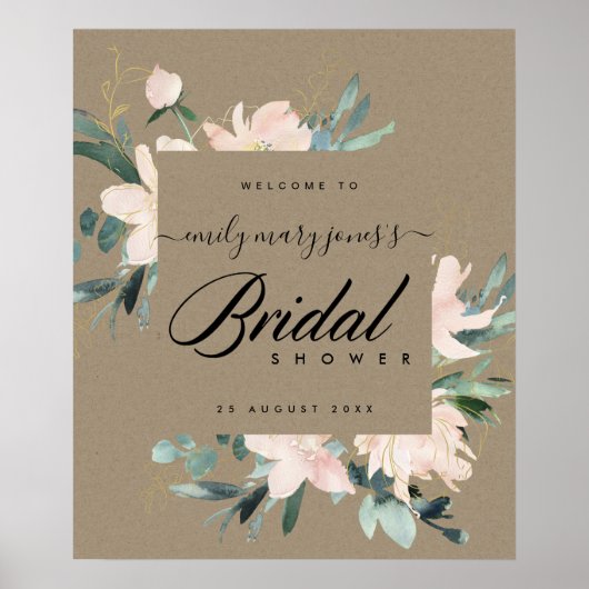 RUSTIC BLUSH FLORAL KRAFT BRIDAL SHOWER WELCOME ポスター (正面)