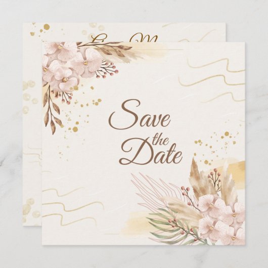 Rustic Blush & Gold Floral Boho Save the Date (正面/裏面)