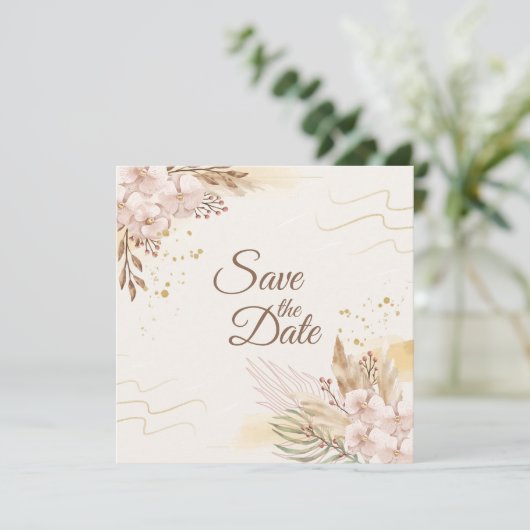 Rustic Blush & Gold Floral Boho Save the Date (スタンド正面)