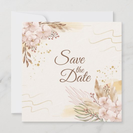 Rustic Blush & Gold Floral Boho Save the Date (正面)