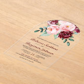 Rustic Blush Pink Burgundy Floral Wedding アクリル招待状 (レイダウン)