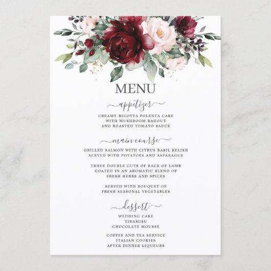 Rustic Blush Pink Burgundy Floral Wedding 5x7 Menu プログラム (正面)