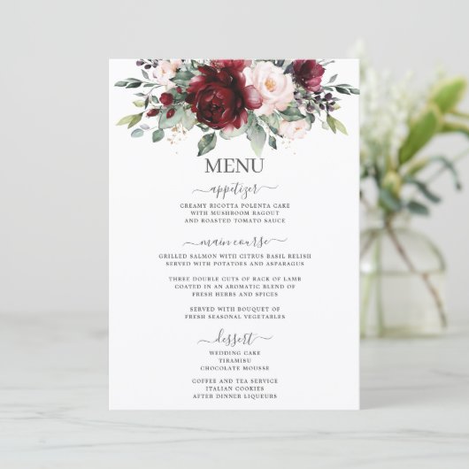 Rustic Blush Pink Burgundy Floral Wedding 5x7 Menu プログラム (スタンド正面)