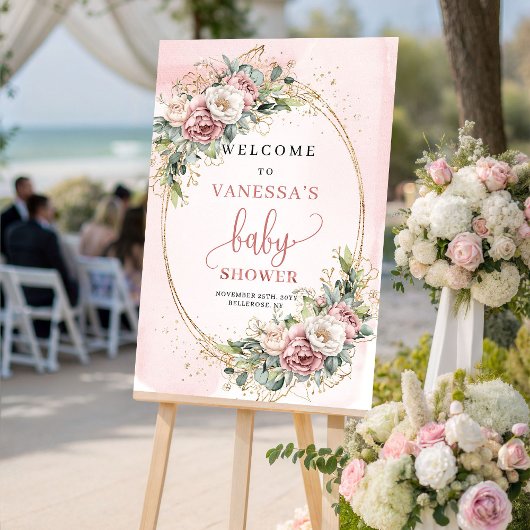 Rustic Blush Pink Floral ベビーシャワーのウェルカムサイン ポスター