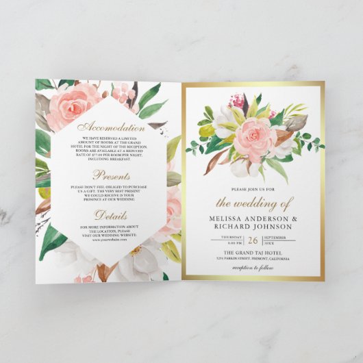 Rustic Blush Pink Floral Gold QR Code Wedding 招待状 (内部)